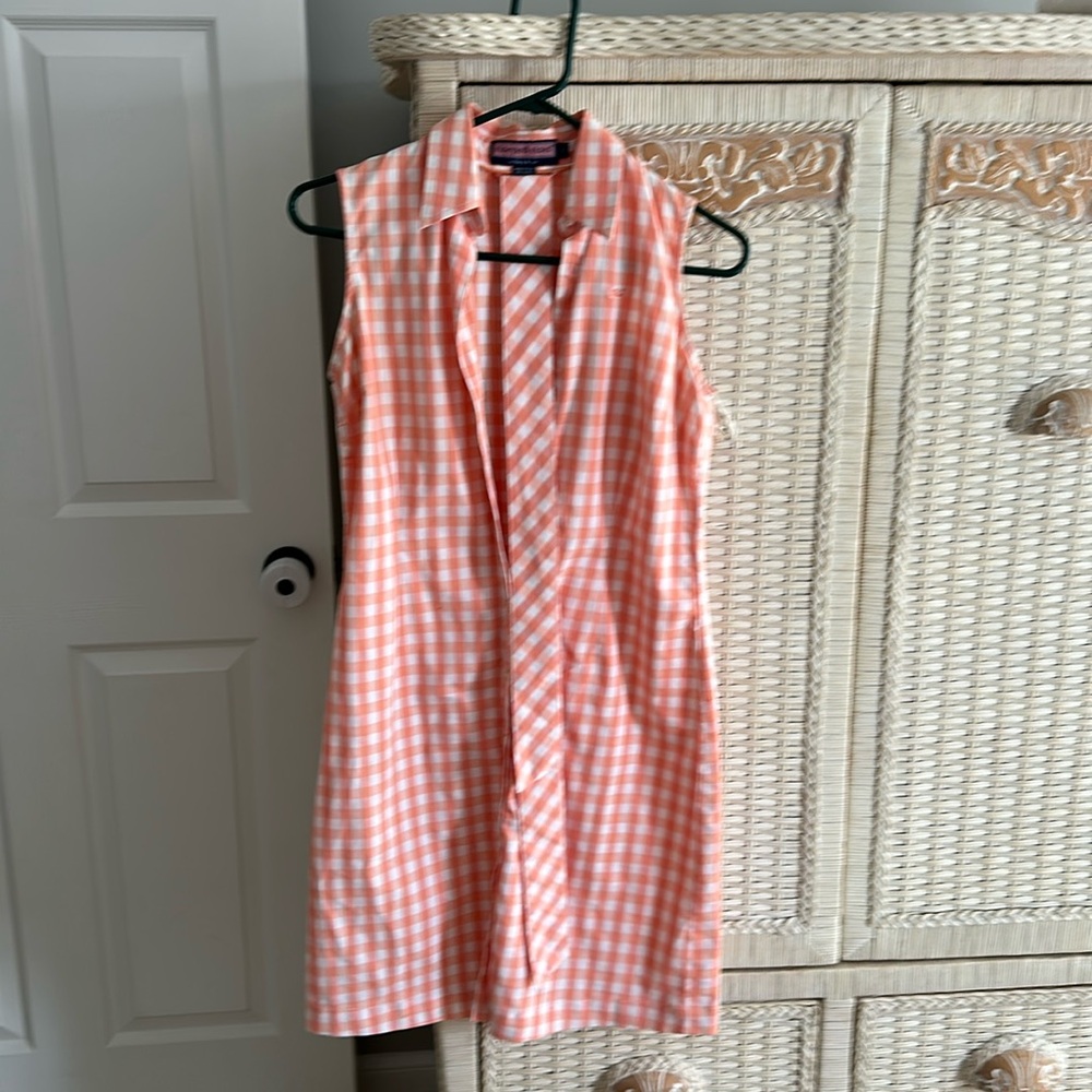 Vineyard Vines Peach and White Gingham Sleeveless Shirt Dress